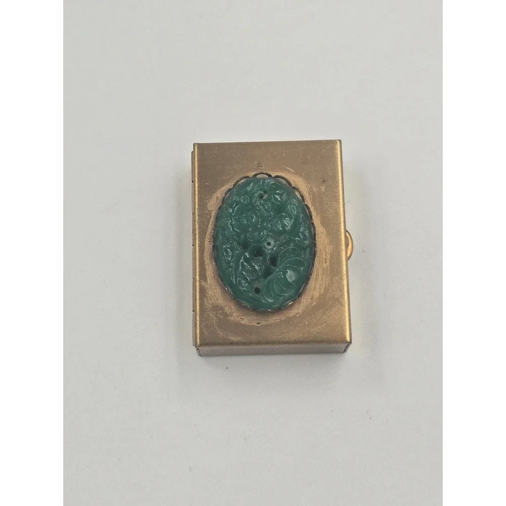 Antique Chinese Brass Pill Snuff Box with Carved Green Jadeite Jade Stone Top